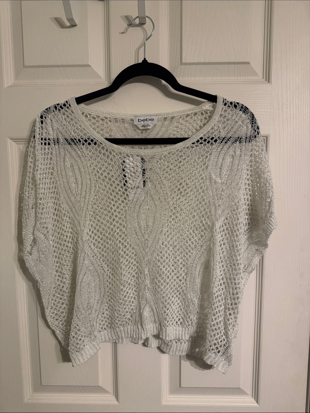 bebe Cream Open-Knit Short Sleeve Sweater
